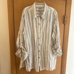 Chico's Women’s Linen Striped Button Down Tunic Shirt White Blue Size XL (3)